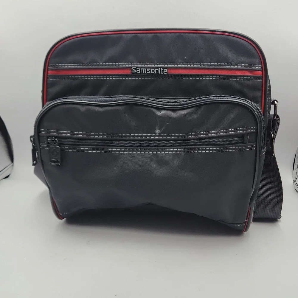 Vintage Samsonite Oyster Black Shoulder Bag Red Trim Medium Travel Luggage 1987